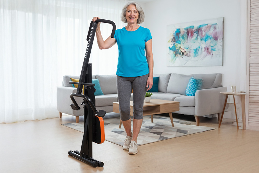 Frau steht neben dem Total Crunch Trainingsgerät in hellem Wohnzimmer und hält es am Griff