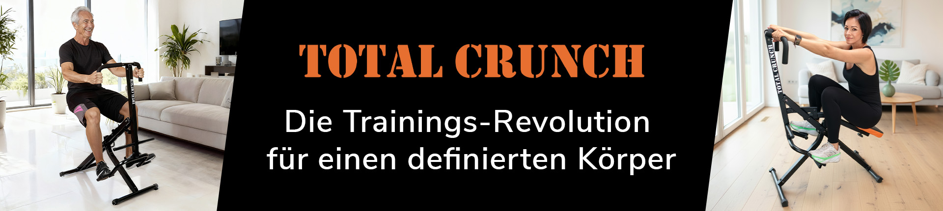 Werbebanner für das Trainingsgerät Total Crunch mit Mann und Frau beim Workout zu Hause sowie dem Schriftzug: Die Trainings-Revolution für einen definierten Körper